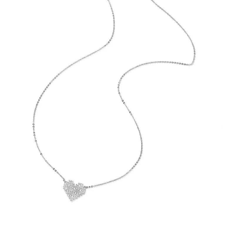 Beixi S925 Sterling Silver Full Diamond Heart Necklace - Elegant Peach Heart Design, Popular Korean Style.