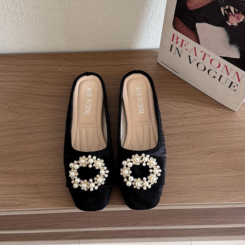 Fashion 2025 Spring/Summer New Fashion Rhinestone Button Flat Bottom Shoes Satin Shallow Mouth Head Casual Women's Shoes