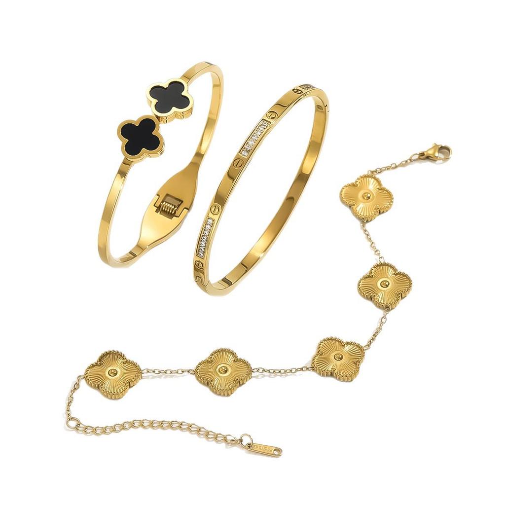 18K Gold Titanium Steel Four-Leaf Clover Waterproof Bracelet Bangle - High-End, Non-Fading Electroplated Jewelry