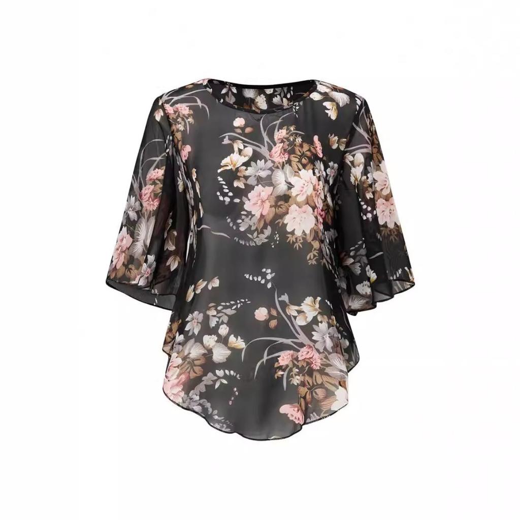 Summer European American Style Women's Sheer Chiffon Sheer Top Casual Blouse