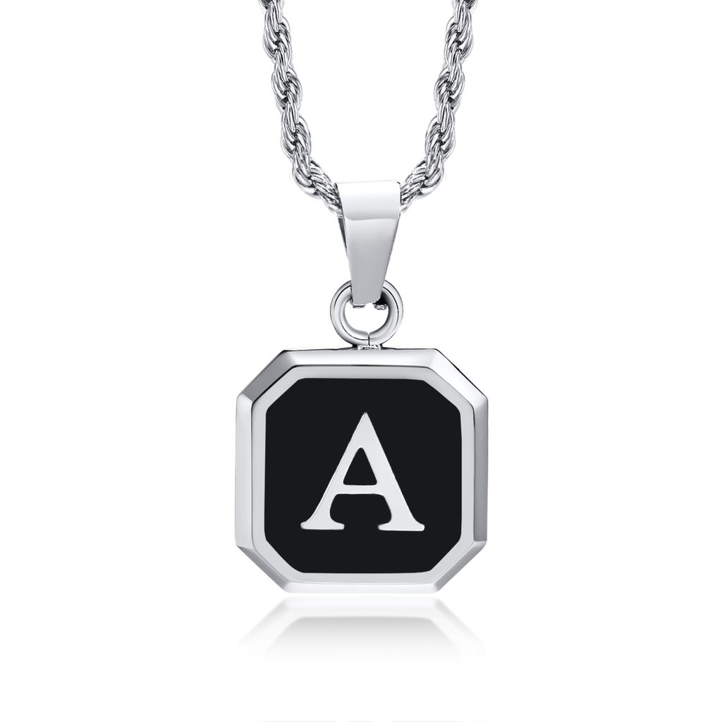 Initials Necklaces for Men Women,A-Z 26 Letters Black Square Stainless Steel Pendant Collar,45-60CM Twisted Rope Chain Gifts