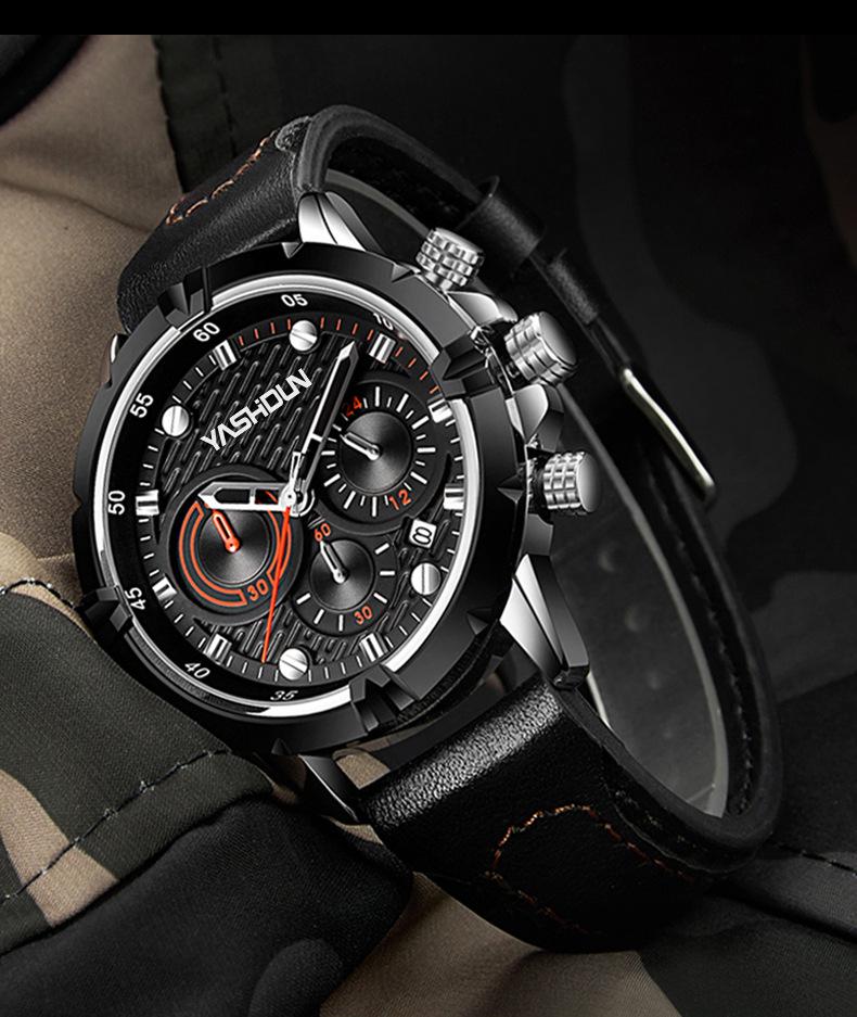 Men's Multi-functional Quartz Sports Watch with Genuine Leather Band