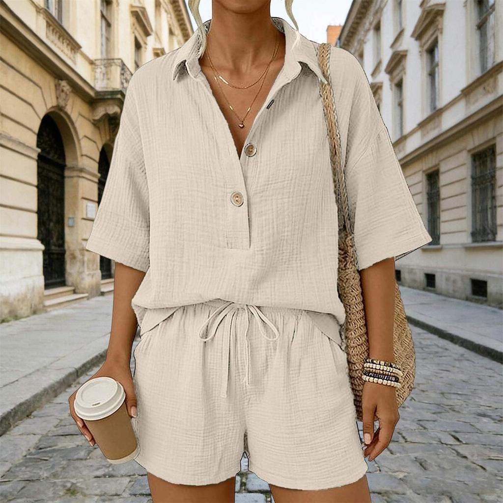 Women Casual Two Piece Set Lightweight Button Down Shirt and Drawstring Waist Shorts Relaxed Fit Summer Outfit
