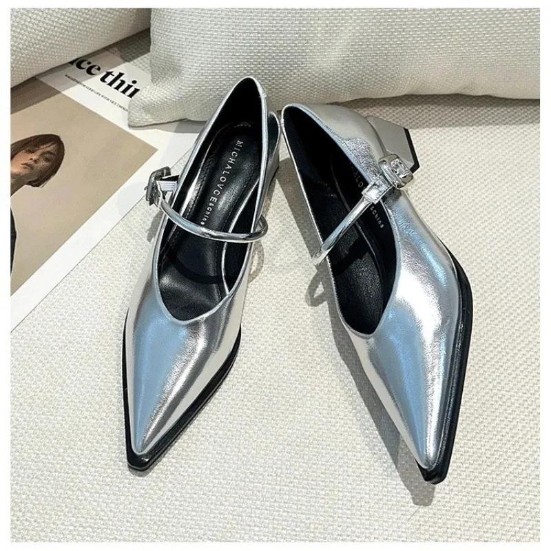 2024 Spring Style Pointed Toe Versatile Style Single Shoes Square Heel Women's Shoes Medium Professional Dress French High Heels