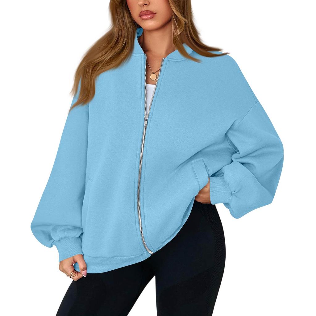 Women's Fashion Long Sleeve Solid Color V-Neck Loose Oversize Zipper Jacket