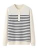 Women's White Striped Cashmere Pullover Sweater - Autumn/Winter, Half-Neck, Long Sleeve, Loose Fit.