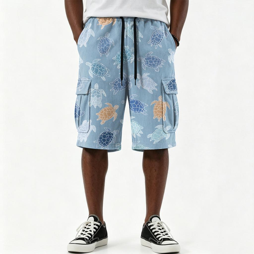 Men's Hawaiian Print Drawstring Knee Length Shorts with Multiple Pockets, Casual