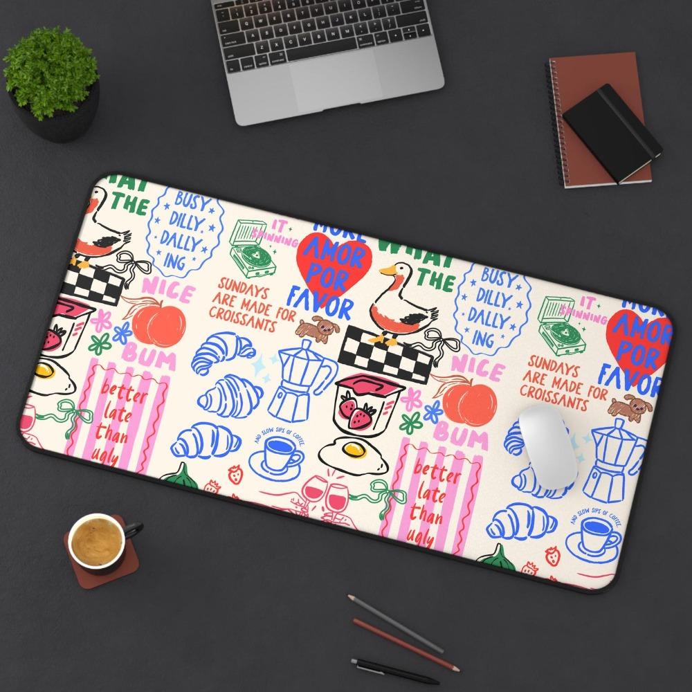 Hand Drawn Doodle Desk Mat Coffee Pastry Breakfast Goose Egg Strawberry Peach Office Decor Cute Work From Home Gaming Pad Duck