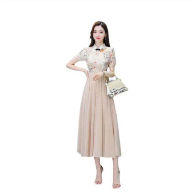 Women Chiffon Dress Chinese Style Printing Stand Collar Mid-length Retro Cheongsam Skirt