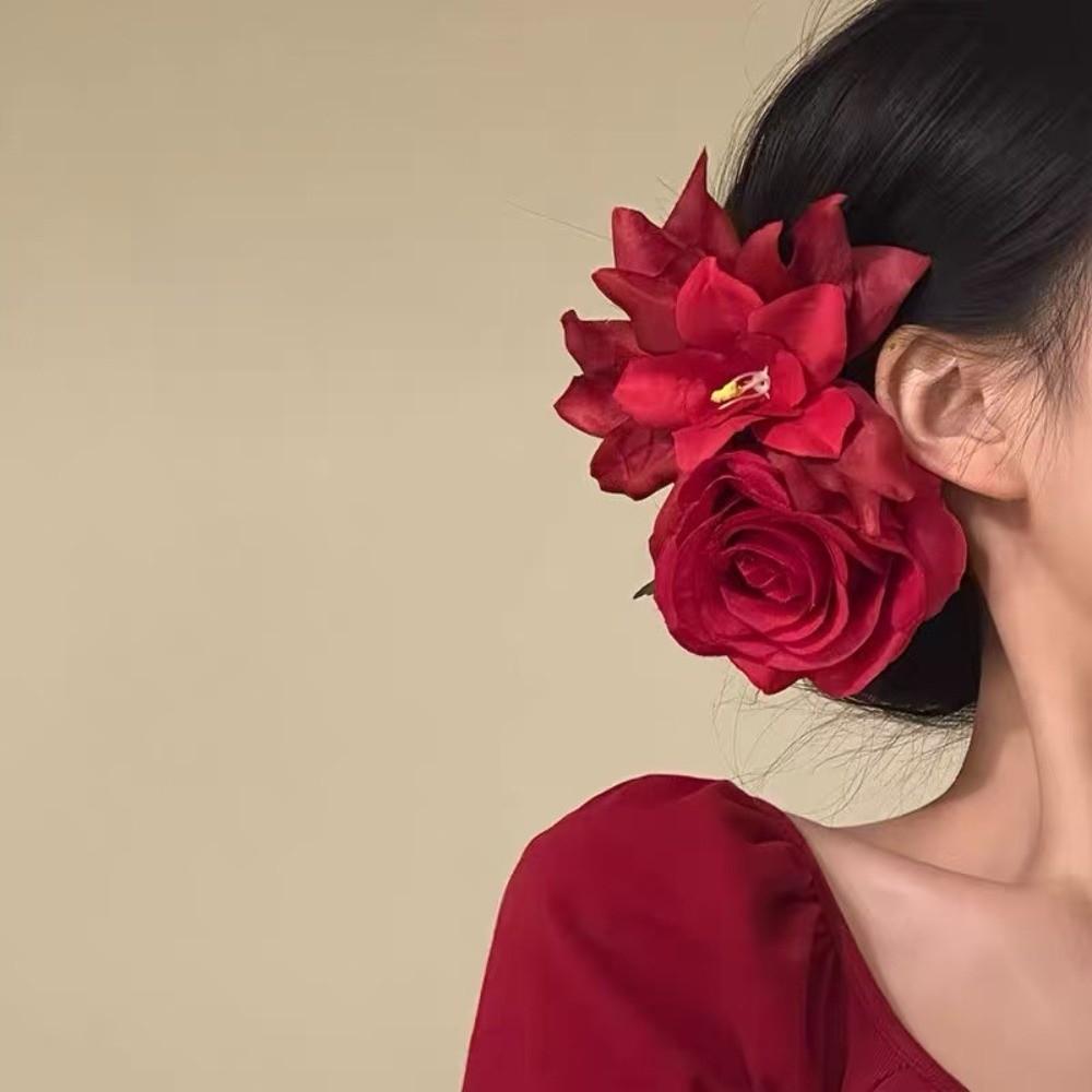 Red Rose Flower Hair Clips Artificial Flower Flower Petal Hairgrip Lily Tassels Hairpins Bridal