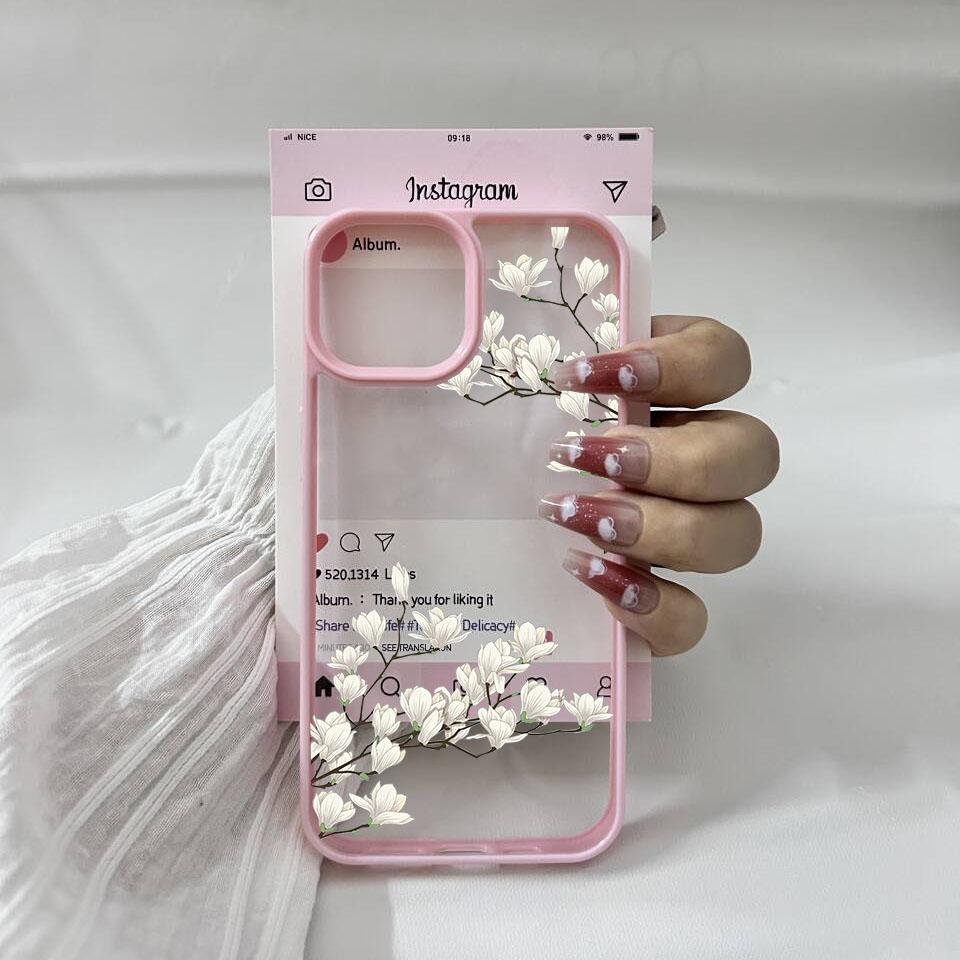 Aesthetic Pink Magnolia Flower Phone Case For iPhone 15 16 14 13 12 Mini 11 17 Pro Max XS XR 7 8Plus Shockproof Clear Hard Cover