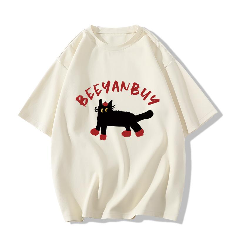 

Teenager Summer Casual Short Sleeve Round Collar Cat Printed Pullover Oversize Cotton T Shirt Top 3XL