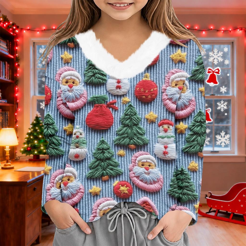 Top Invernale da Ragazza con Scollo a V e Stampa Natalizia per le Feste