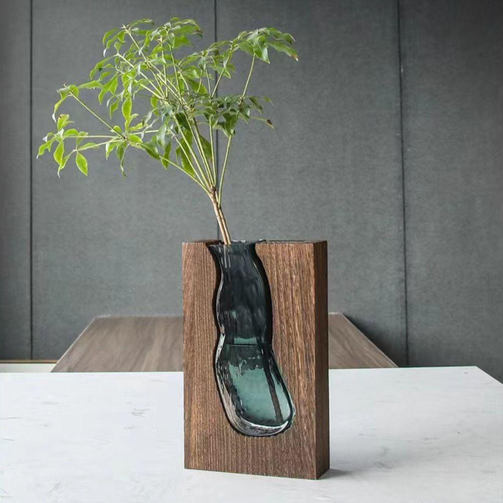 Wooden Glass Vase Transparent Flower Pot Desktop Ornament Hydroponic Flower Holder  Office