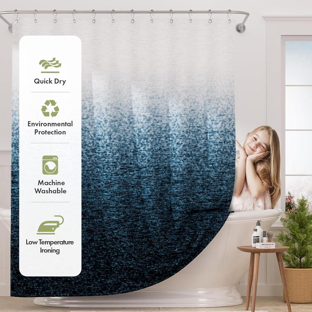 Shower Curtain Blue,Washable Cloth Ombre urtain Hooks, Rustic Waterproof Dark Sea Blue Farmhouse Shower Curtains for Bathroom
