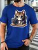 Cute Coding Cat Wearing Glasses Unisexs Front Print T Shirt Computer Nerd Graphic Tee Casual Short Sleeve Top Tech Fan Gift