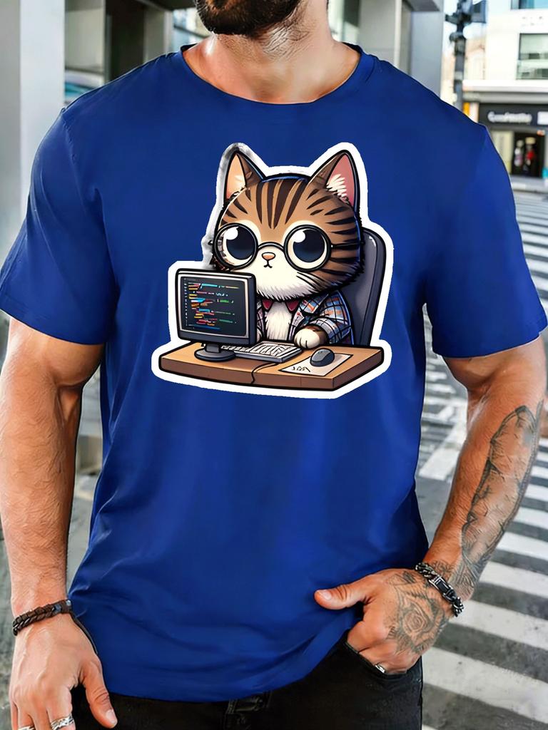 Cute Coding Cat Wearing Glasses Unisexs Front Print T Shirt Computer Nerd Graphic Tee Casual Short Sleeve Top Tech Fan Gift