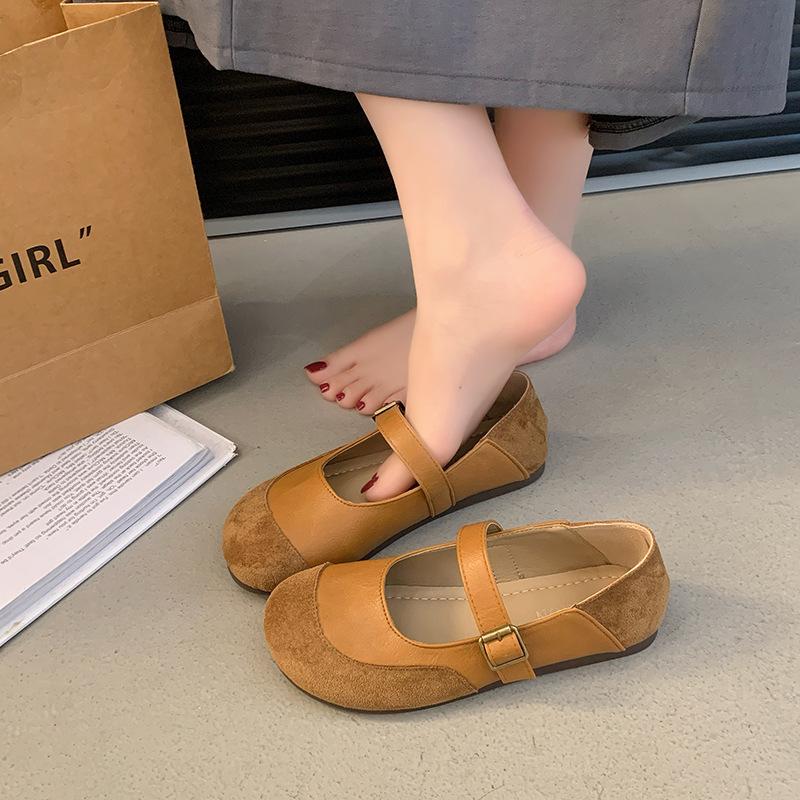 Outer wear round head splicing new soft-soled single shoes belt buckle flat-soled women's Mary Jane shoes versatile spring and summer 2025