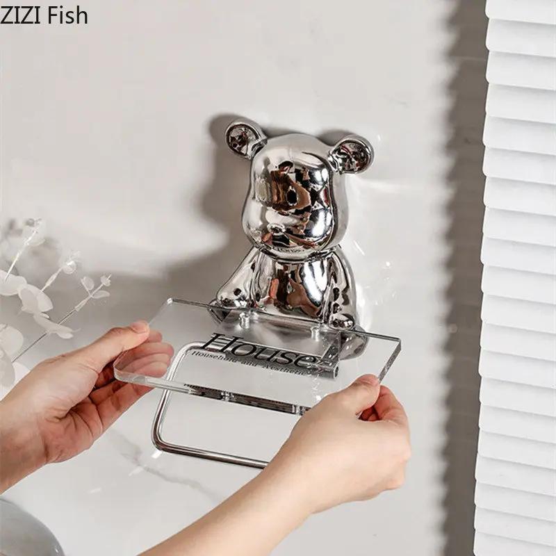 Electroplated Bear Tissue Holder Acrylic Wall Mounted Paper Holder Toilet Roll Paper Holder Bathroom Wall Mounted Storage Rack