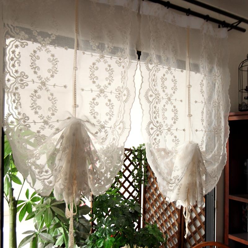 Cortina de globo de hilo bordado de tul, cortinas de globo enrollables de lino ligero, cortinas opacas ajustables con lazo, bolsillo para barra de ventana con persiana romana