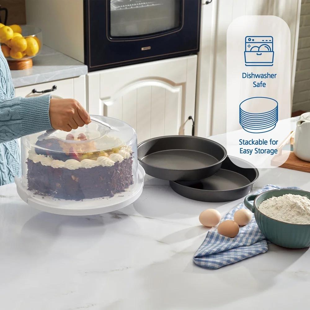 12 Inch Clear Cake Carrier with 2 Pack 9 Inch Round Non-Stick Carbon Steel Baking Pans Transport Serve Store Desserts