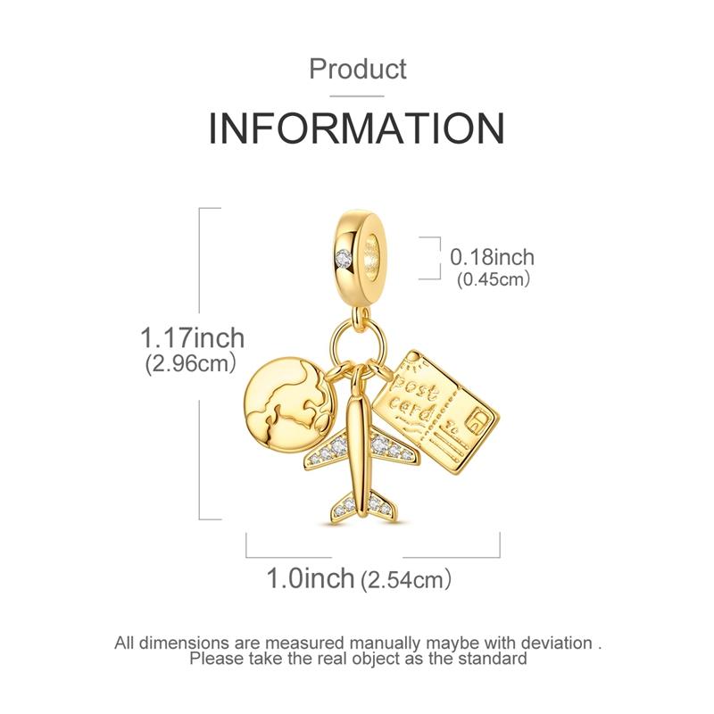 Original Copper Charm Bead Gold Airplane Earth Post Card Pendant Fit Original Bracelet For Women Diy Jewelry Gift
