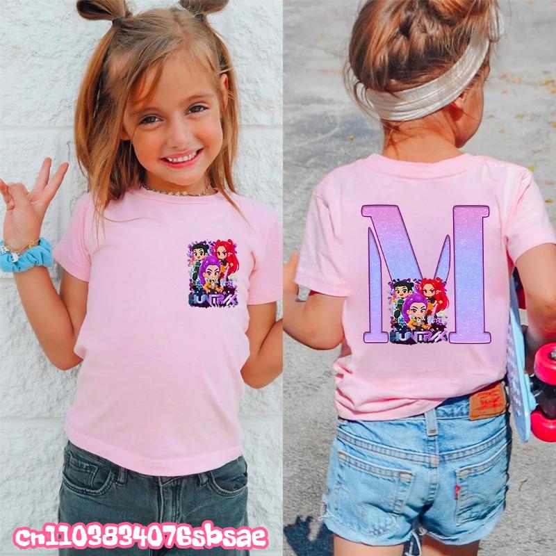 Fashion A-Z 26 Letter Print Kids Clothing Kpop Demon Hunters Graphic Y2k Tops Girls Boys Short Sleeve Tees Child T-shirts