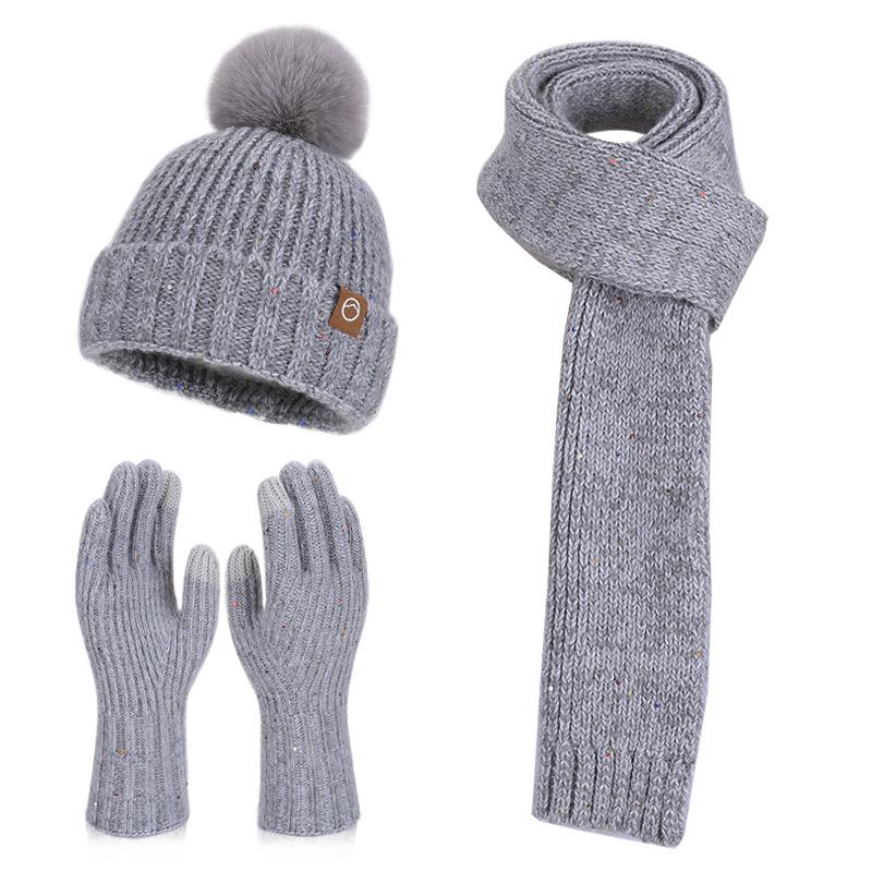 Winter Velvet Ear Protector Pullover Hat Women's Cold Protection and Warmth Knitted Wool Hat Wool Hat Scarf Gloves Three-piece Set