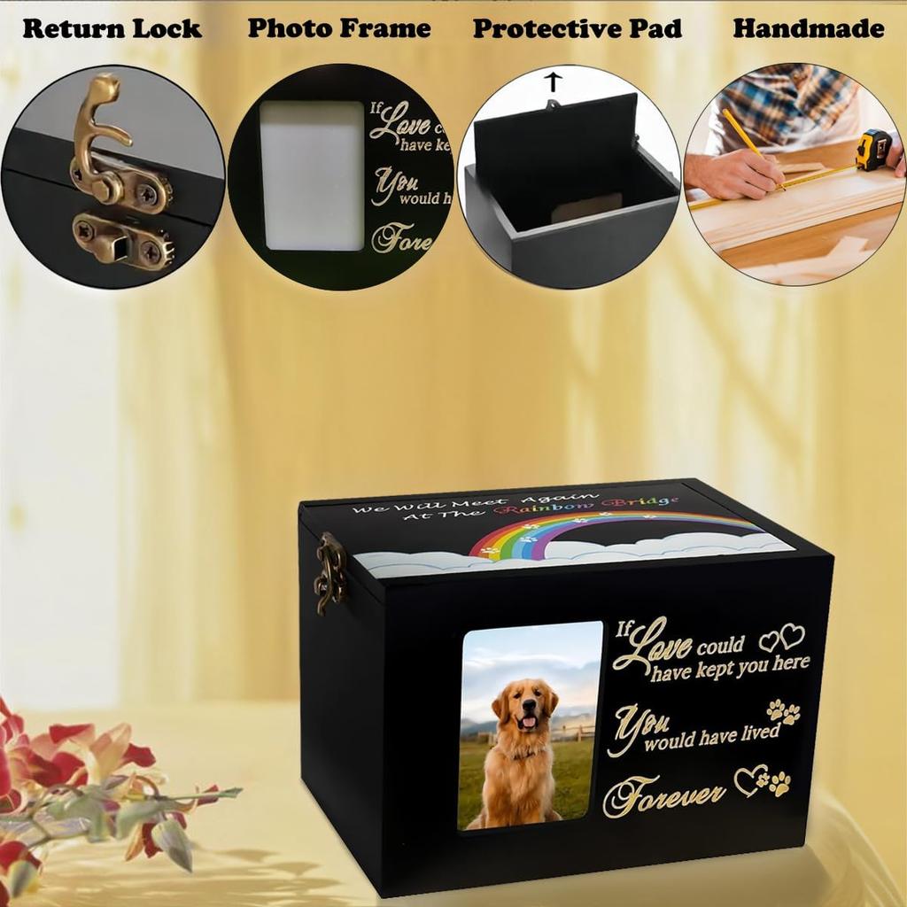 Sofunii Pet Urn for Ashes, Solid Wood Memorial Urn for Dogs & Cats, Rainbow Bridge Keepsake Cremation Box with Photo Frame, Pet Loss Remembrance Gift