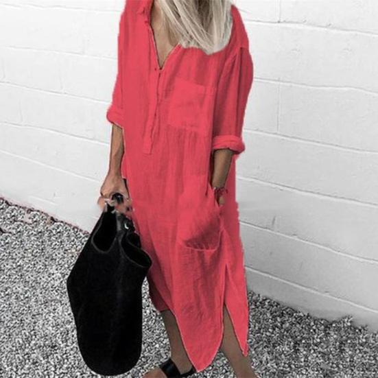 Hemdkleid Unifarben Seitenschlitz Frühling Sommer Temperament Locker geschnitten Langes Kleid für den Alltag