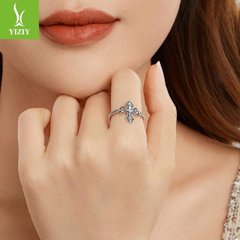 S925 Sterling Silver Vintage Cross Open Ring, Trendy Textured Sterling Silver Ring Jewelry