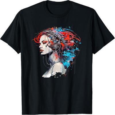 Futurystyczna Kobieta Cyberpunk z Elementami Cybernetycznymi Koszulka