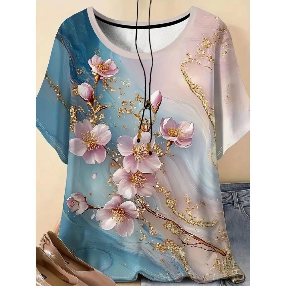 Damen Kurzarm T-Shirt Modisches Buntes Blumenmuster Bequem Locker Oversize Rundhals T-Shirt