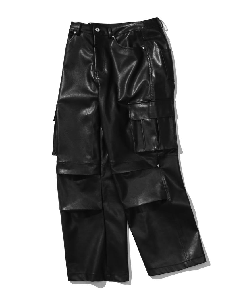 Trillion Parachute Cargo Rivet Vegan Leather Pants (Black)