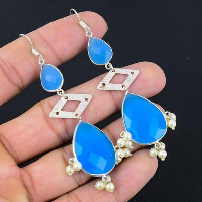 Friendship Day Deal Blue Chalcedony Stone Sister New Dangle Earrings 925 Silver