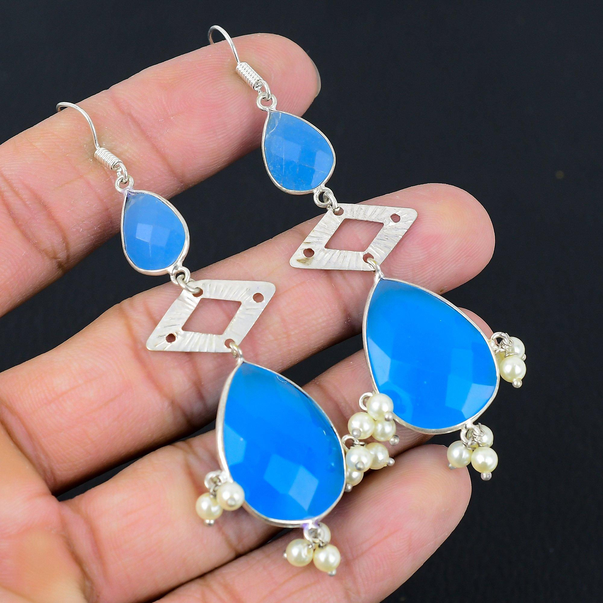 

Предложение ко Дню дружбы Камень голубой халцедон Сестра Новые висячие серьги Серебро 925 пробы