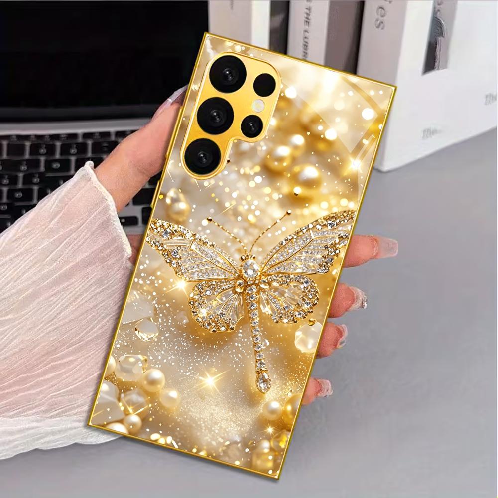 Trendy Diamond Dragonfly Phone Case Glass S26 Ultra Case S25 Ultra Case for Samsung Galaxy S26 S25 S24 S23 S22 FE Ultra Plus