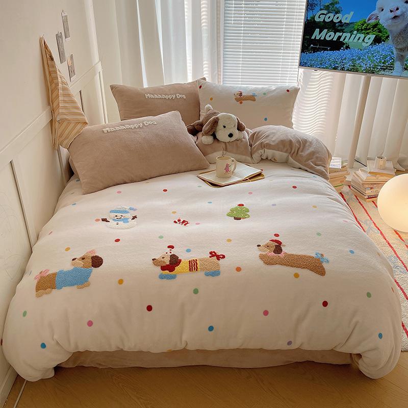 Thickened Milk Fleece Bed Four-Piece Set Fleece Quilt Cover Bed Sheet Coral Flannel Children'S Cartoon Bedding