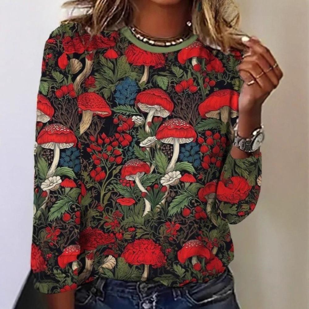 Ethnic flower 3D printed round neck casual long sleeved shirt