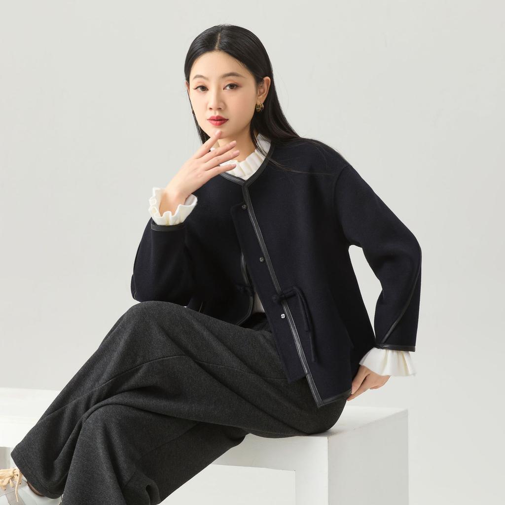 Women's Leather Chinese Knot Woolen Coat Simple Retro Short Round Neck Fleece Coat Warm