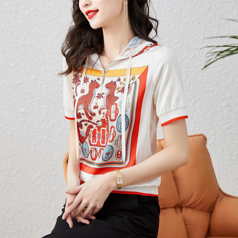 New Summer Hooded Short-sleeved Top Printed Drawstring Pullover Loose Casual Temperament T-shirt