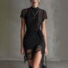 New European and American Style, Black Perspective Lace Splicing Dress, Slim and Thin, High Split Skirt Lace