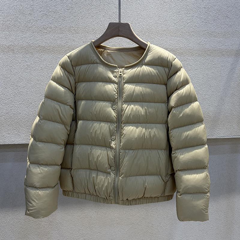 New round neck puff down jacket women's short simple casual warm white duck down ribs jacket