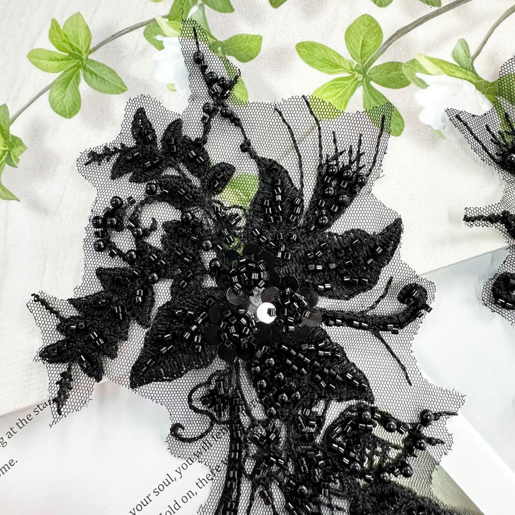 Black Mesh Embroidery Flower Bead Sequin Flower Clothing Dress Wedding Bag Decoration Flower Cloth Sticker Accessories