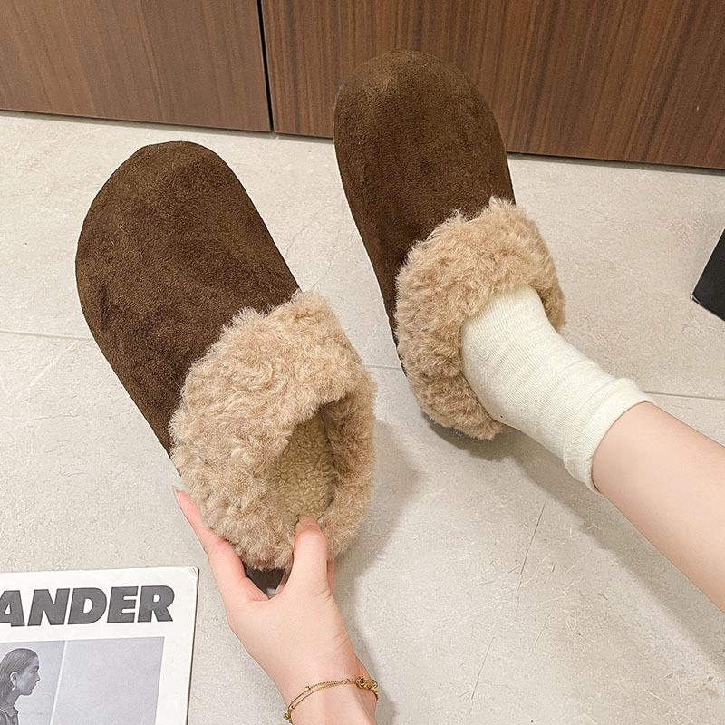 Women's Retro Lightweight and Comfortable Non-slip Heightening Winter Warm Plush Lining Non-slip Durable Casual Cotton One-step Half Slippers