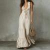 Sleeveless V Neck Maxi Dress for Women Cotton Linen Blend Loose Fit Flared Hem Summer Casual Long Dress with Tie Front Detail