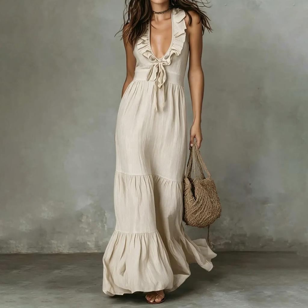 Sleeveless V Neck Maxi Dress for Women Cotton Linen Blend Loose Fit Flared Hem Summer Casual Long Dress with Tie Front Detail