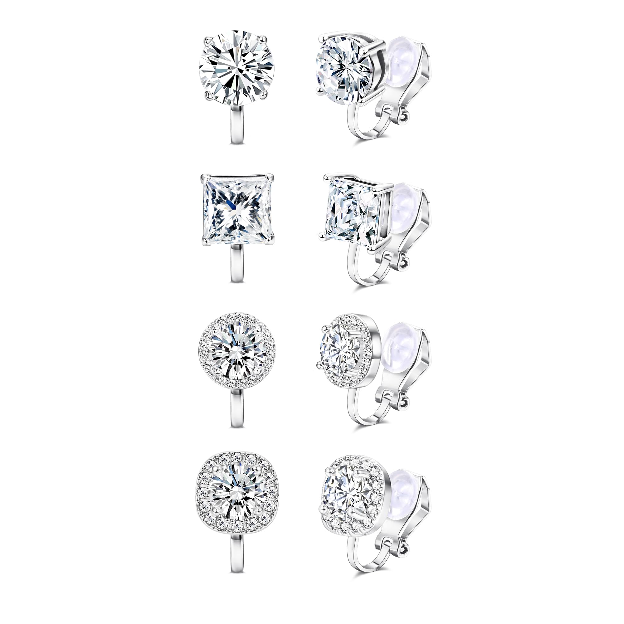 

Diamday 4 Pairs Earrings for Popular Cubic Zirconia Clip Round Fake Accessories Women, Earrings, Square, Earrings, Non-Pierced, Painless, Simple,