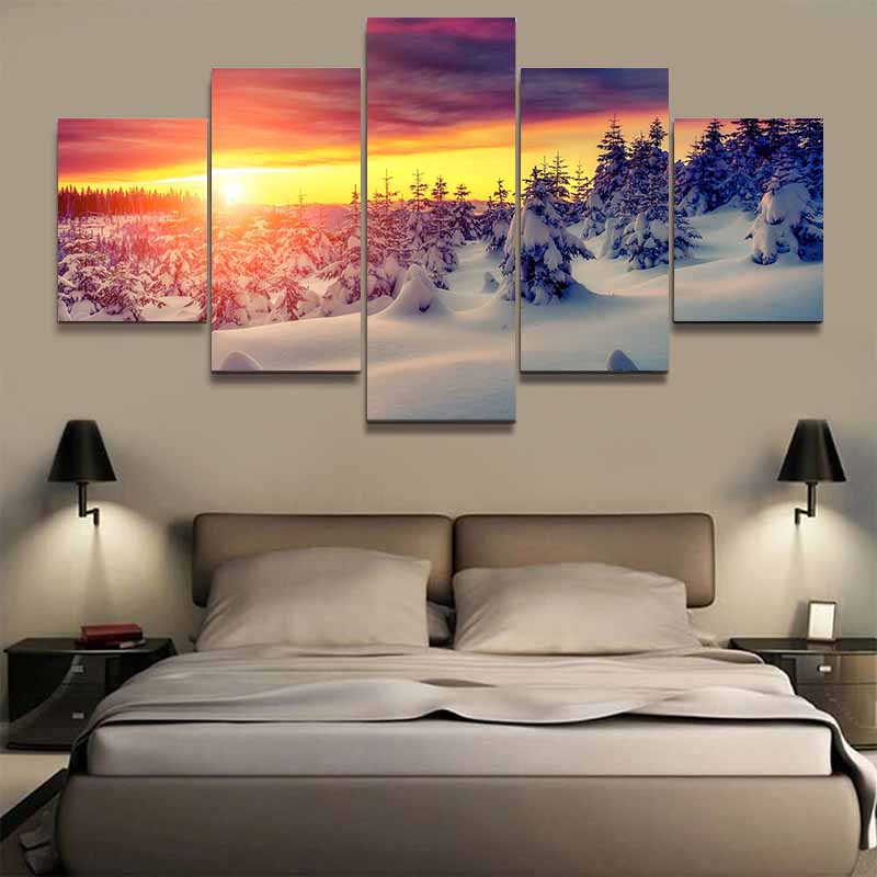 5 Pieces Fantasy Sunset Snowy Forest Canvas Painting Landscape Posters and Prints Wall Pictures Living Room Home Decor No Frame
