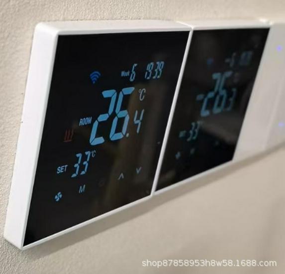 Smart WIFI touch screen thermostat with three-speed fan coil control for central air conditioning remote management.